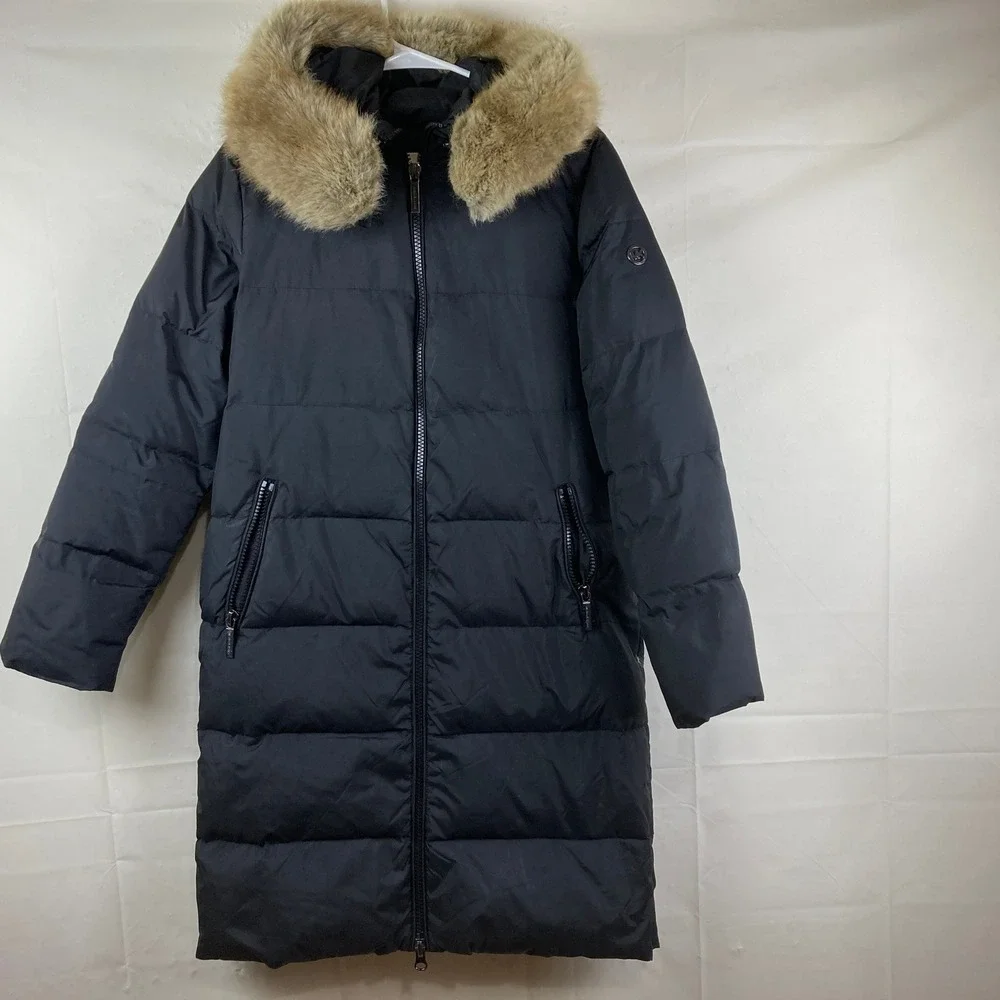 Michael Kors Down Puffer Coat‎ Sz L Black Faux Fur Hooded Parka Quilted Long